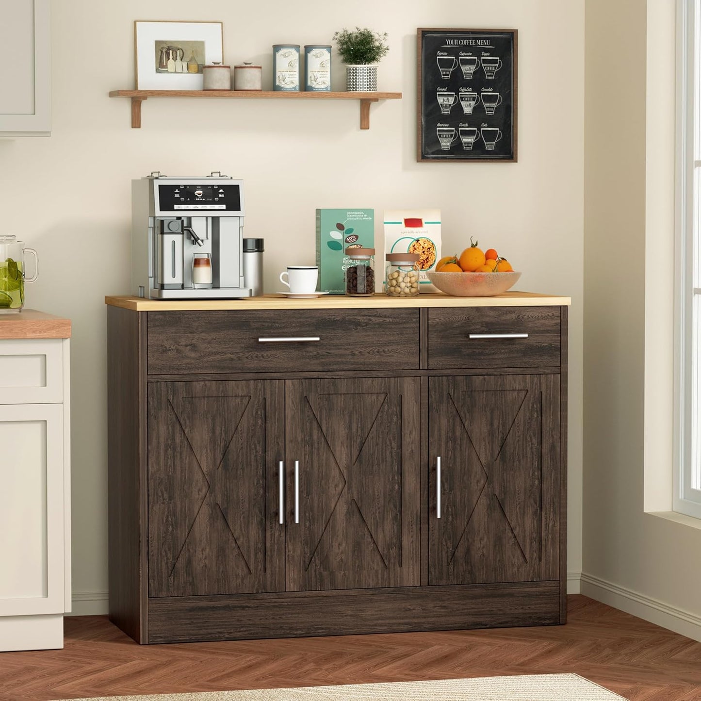 Shintenchi 3 Doors Farmhouse Sideboard Buffet Cabinet,42" Barn Doors Buffet Cabinet with Storage,Wood Coffee Bar Cabinet with Adjustable Shelf for Kitchen,Living Room,Brown