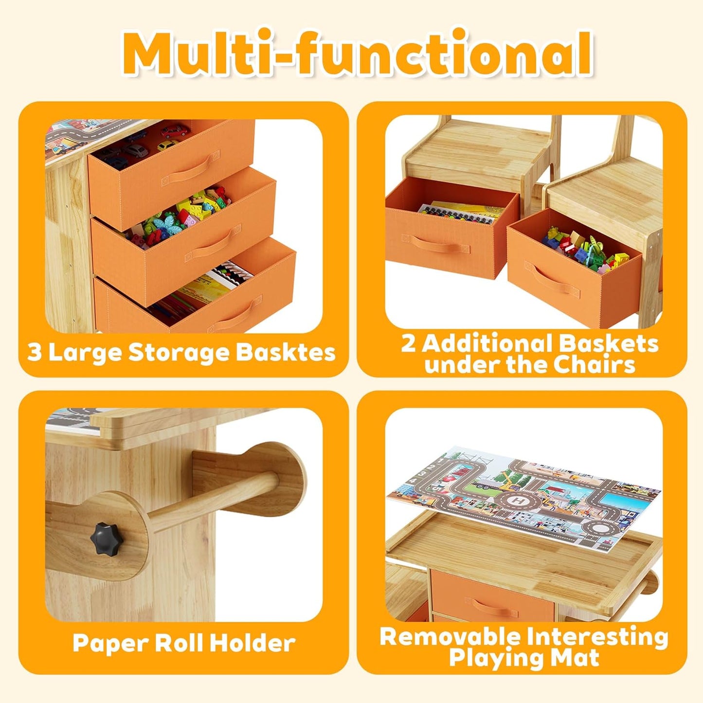 Pine Wood Kids Table and Chair Set 3 in 1 Wooden Toddler Table with Storage, Children's Drawing Reading Desk, with Drawers & Storage Baskets, Natural