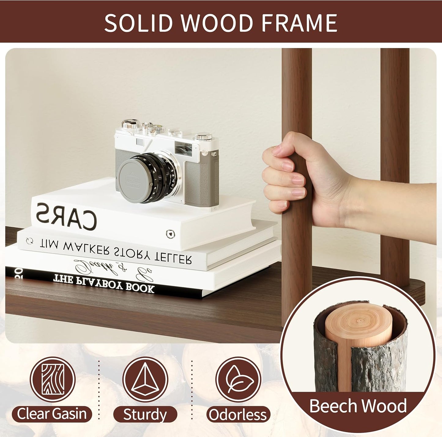 IOTXY Wooden Triple Wide Bookshelf - 6-Tier Large Shelf Bookcase with Solid Beech Frame, Tall Freestanding Open Etagere Display Rack for Home Office, Walnut