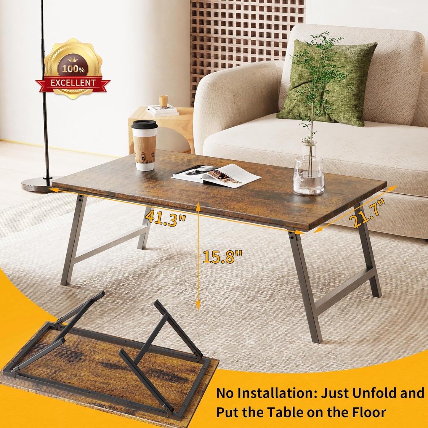 Folding Coffee Table, Portable Wood Low Table with Metal Legs, No Assembly Required, Small Foldable Floor Desk for Living Room/Tea Room/Small Spaces (39.4in x 23.6in x 15.8in) (Rustic Brown)