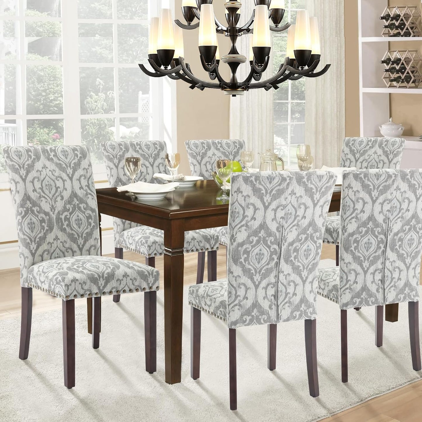 Parsons Dining Chairs Set of 2, Upholstered Nailhead Dining Room Kitchen Side Chair with Thick Cushions and Wood Legs, White/Grey