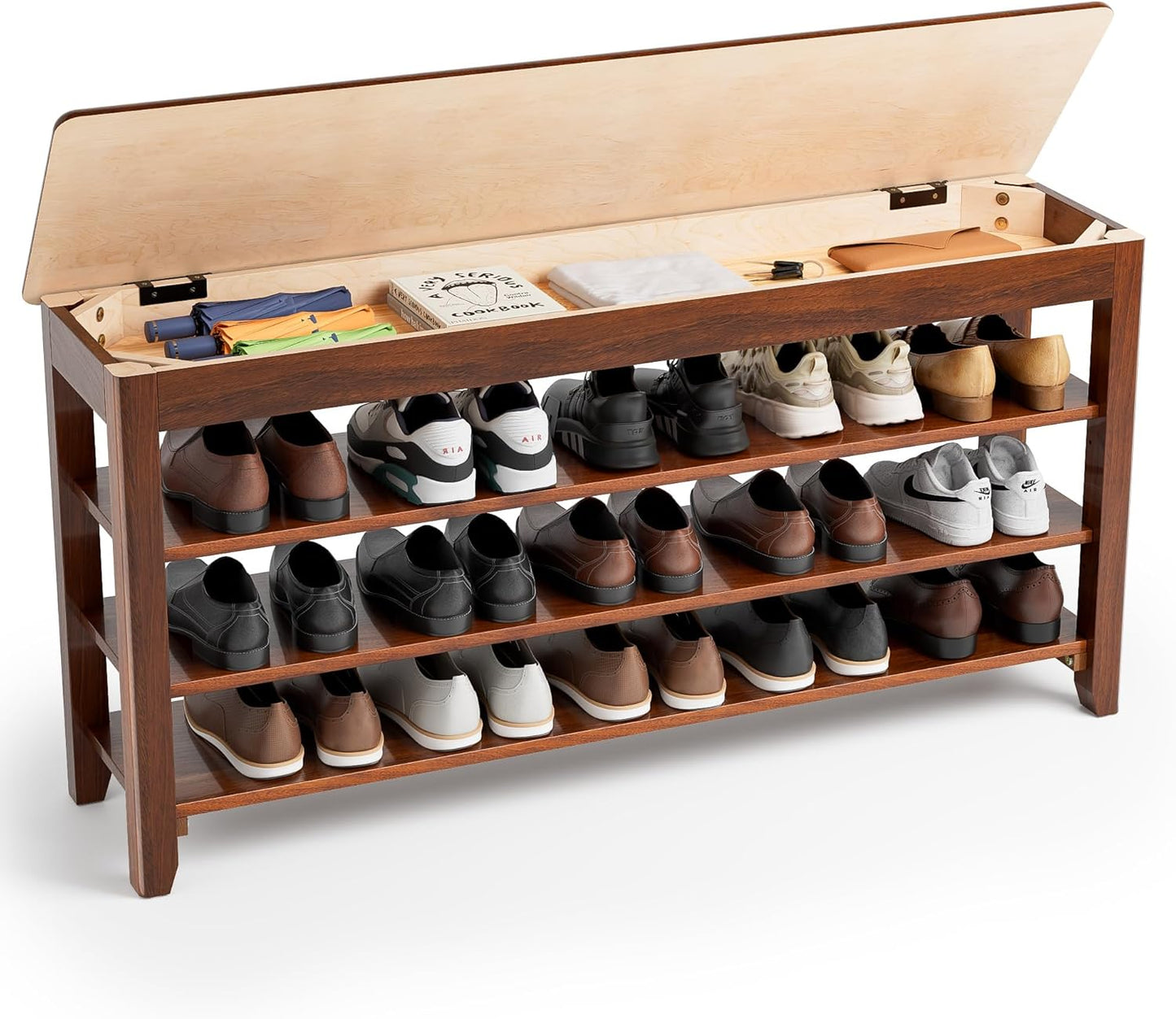 Shoe Storage Bench for Entryway - 4 Tier Shoe Rack for Front Door Entrance, Rubberwood Shoes Rack Height Adjustable, Entryway Bench with Shoes Storage for Any Room (Walnut, 47.2" W)