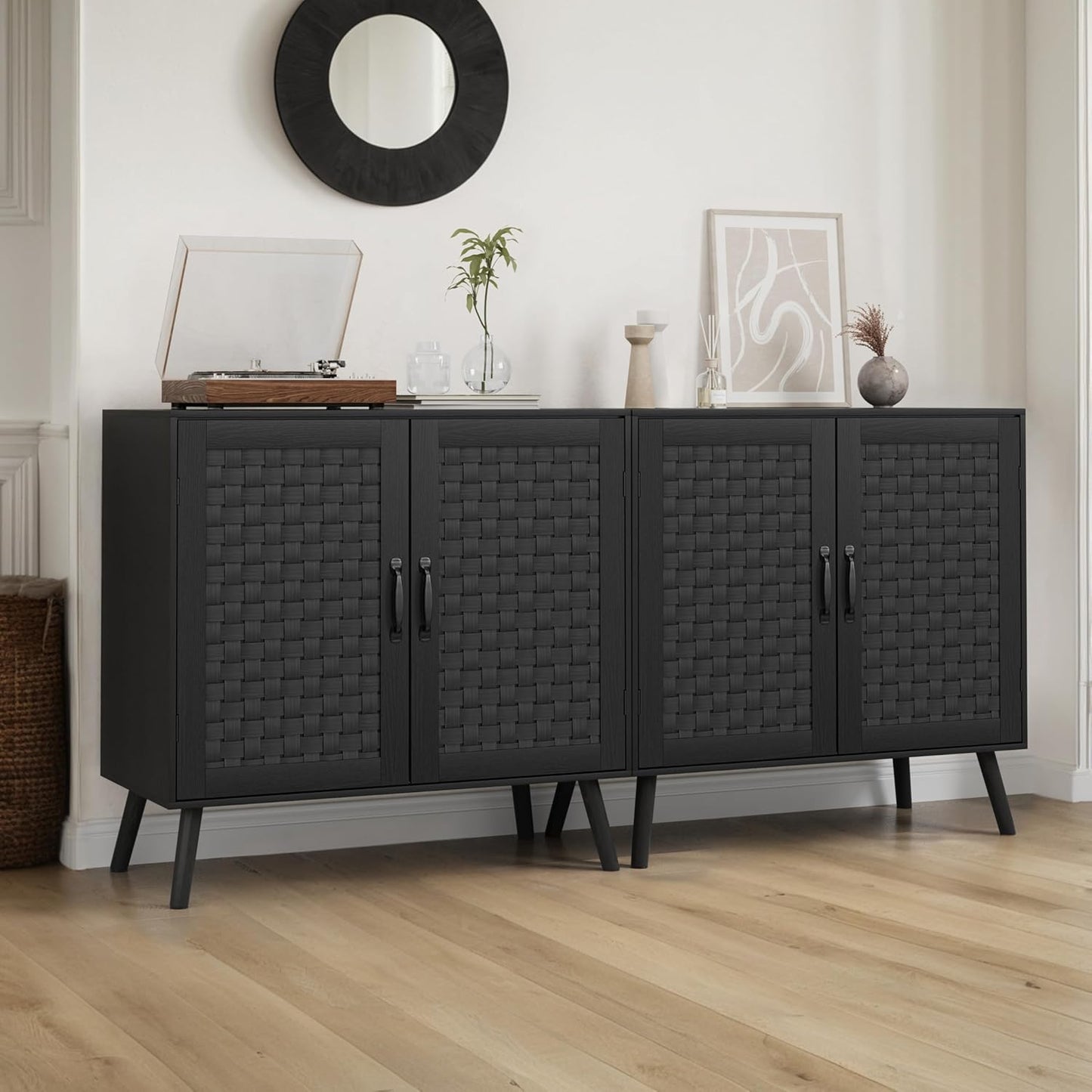 Smuxee Black Sideboard, Freestanding Buffet Cabinet with 2 PVC Rattan Doors, Storage Cabinet with Adjustable Shelf for Living Room, Entryway, Hallway