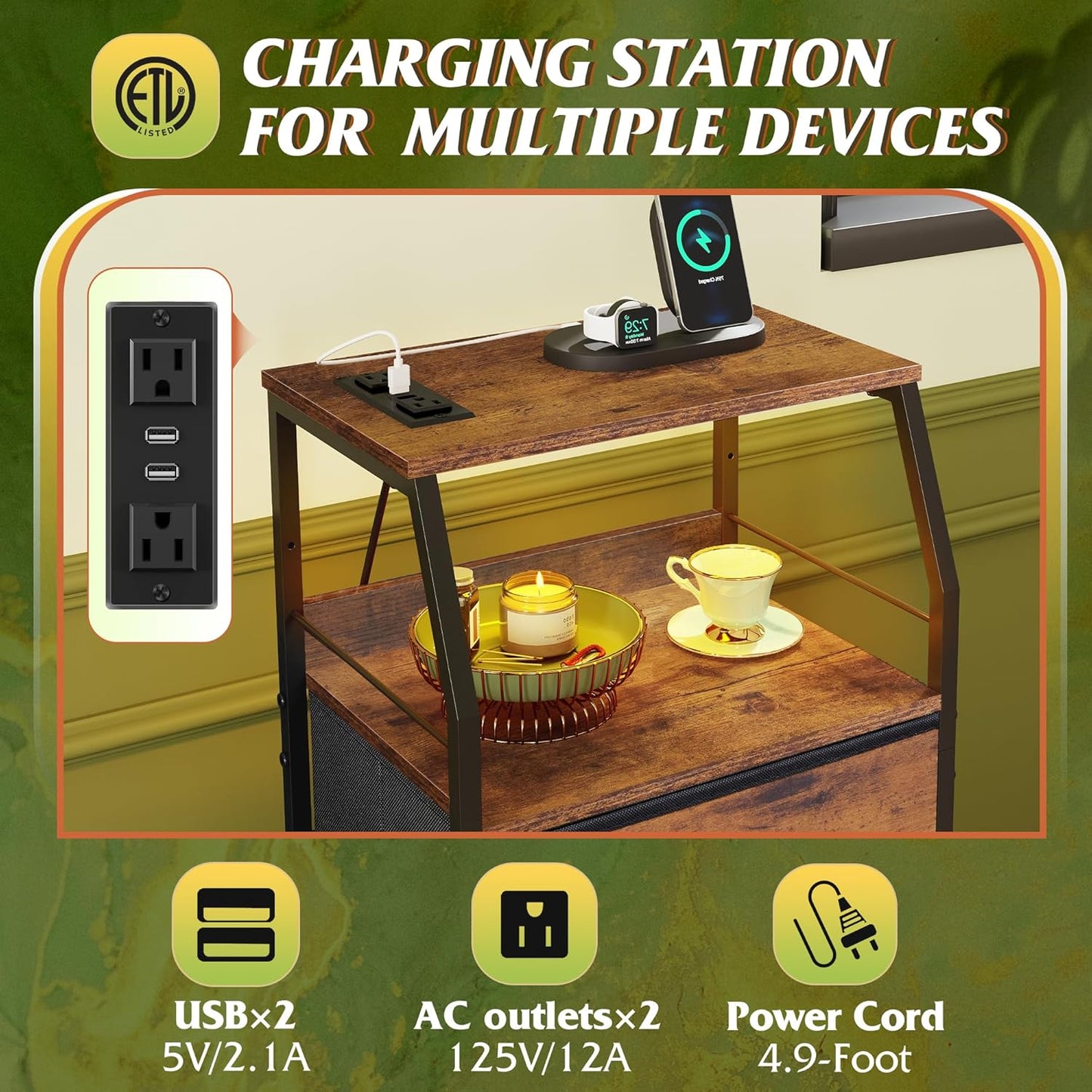 WLIVE 4 Drawer Dresser for Bedroom, 37" H Nightstand with Charging Station and Led Light, Tall Night Stand Bed Side Table, End Table with USB Ports and Outlets, Fabric Bins, Wood Shelf, Rustic Brown