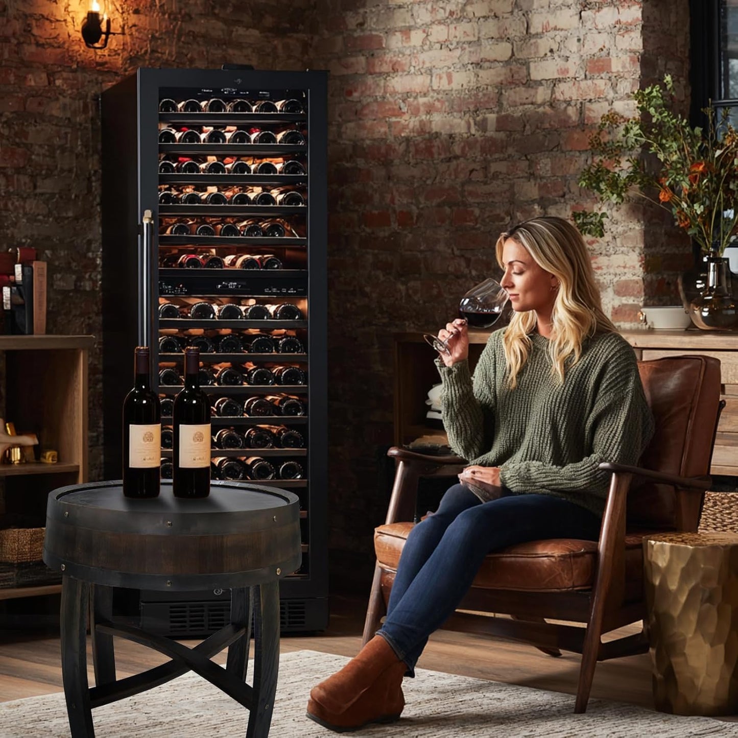 Medieval Retro Wine Barrel Design Coffee Table Wooden Round Creative End Table for Indoor Outdoor, 23" Brown Barrel Tables for Livingroom Small Spaces Outdoor Courtyard Farmhouse Balcony