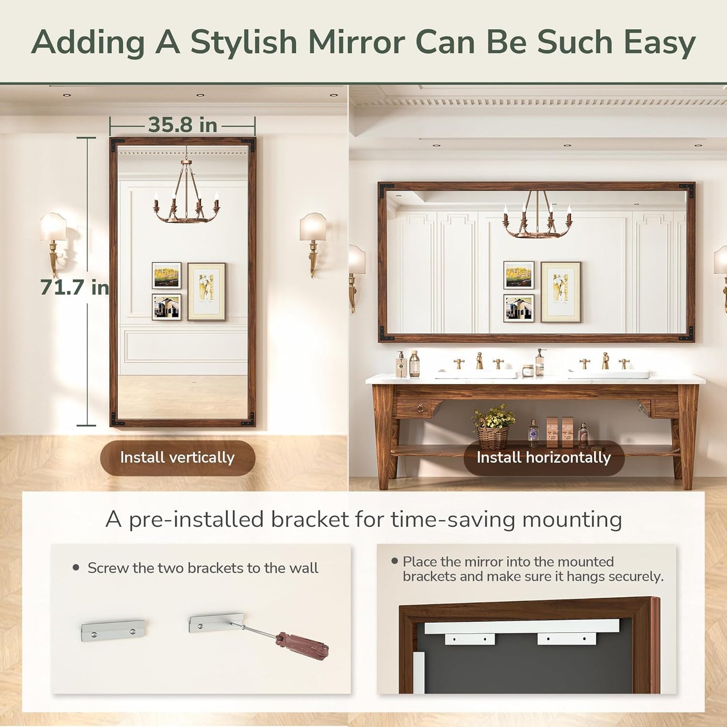 TokeShimi 72 x 36 Inch Wood Framed Bathroom Mirror for Over Sink, Dark Brown Walnut Wall Wood Vintage Farmhouse Mirror for Wall, Large Rustic Wooden Framed Vanity Mirrors(Horizontally or Vertically)