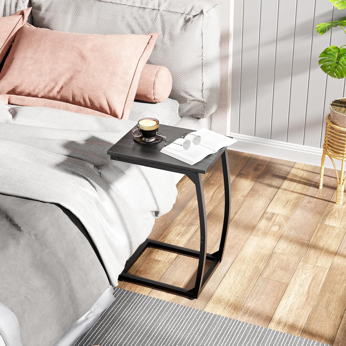 C-Shaped End-Table - Side Table for Couch,Curved Support Legs, Slide Under Couch Table for Sofa, TV Tray Table for Living Room Bedroom(Black)