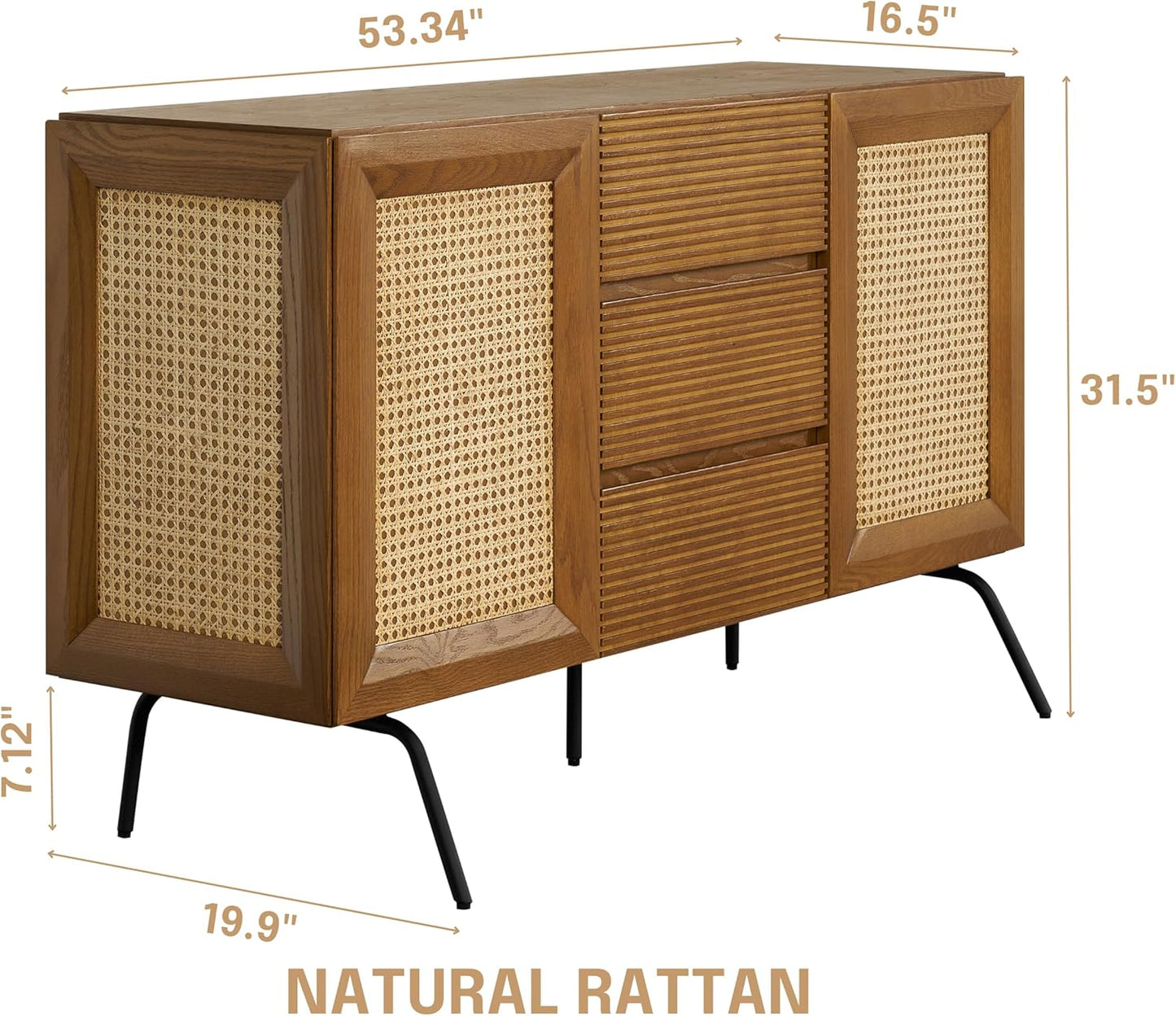 NTC MOSSIC Sideboard with 2 Doors and 3 Drawers, Buffet Cabinet with Natural Rattan and Metal Legs, Modern Storage Cabinet for Living Room, and Hallway, Effortless Assembly - Rustic Oak