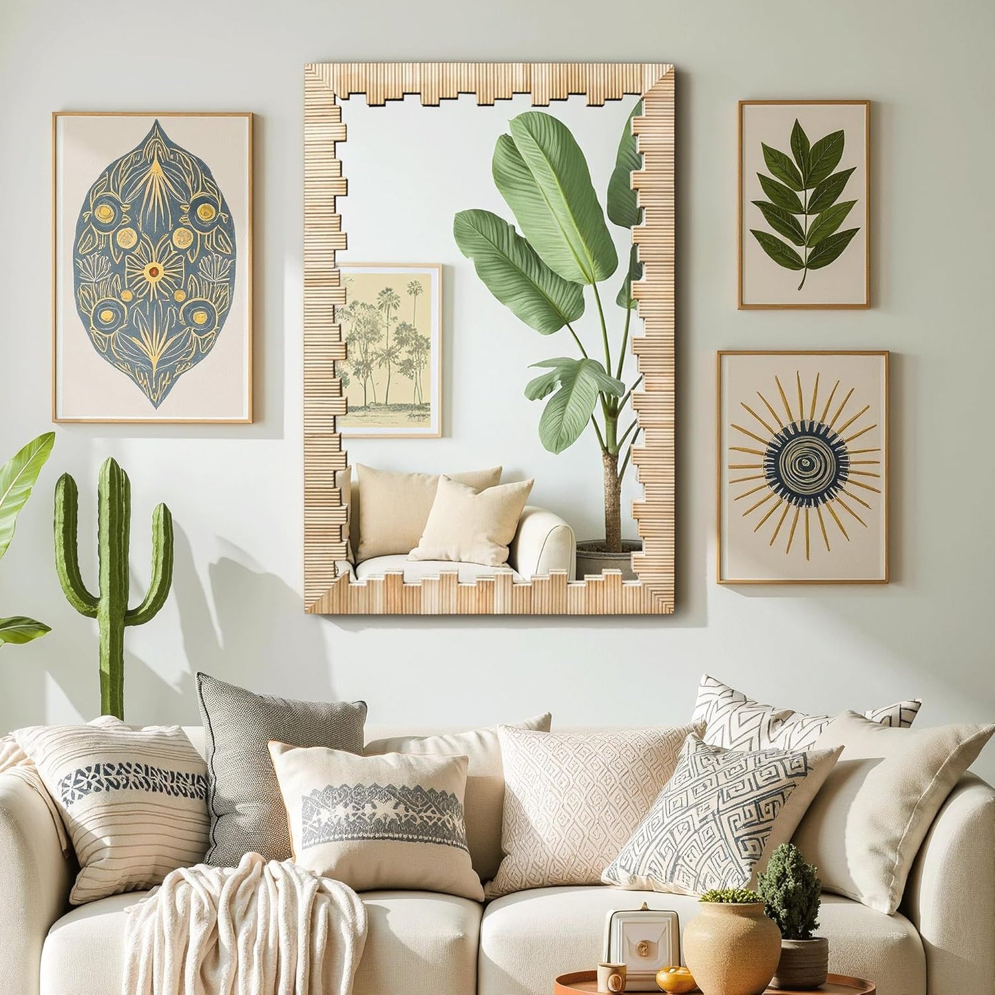 Boho Wall Mirror with Wood Frame, 36"x24" Faux Rattan Decorative Vanity Mirror for Bathroom, Living Room, Bedroom, Entryway(Rectangle)