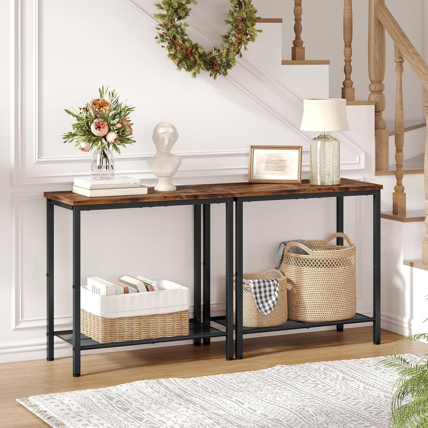 Hoctieon 2 Tier End Table, Sofa Side Table, Narrow Side Table with Storage, Slim Nightstand for Small Spaces, Metal Frame, for Living Room, Bedroom, Sofa Couch, Hall, Rustic Brown