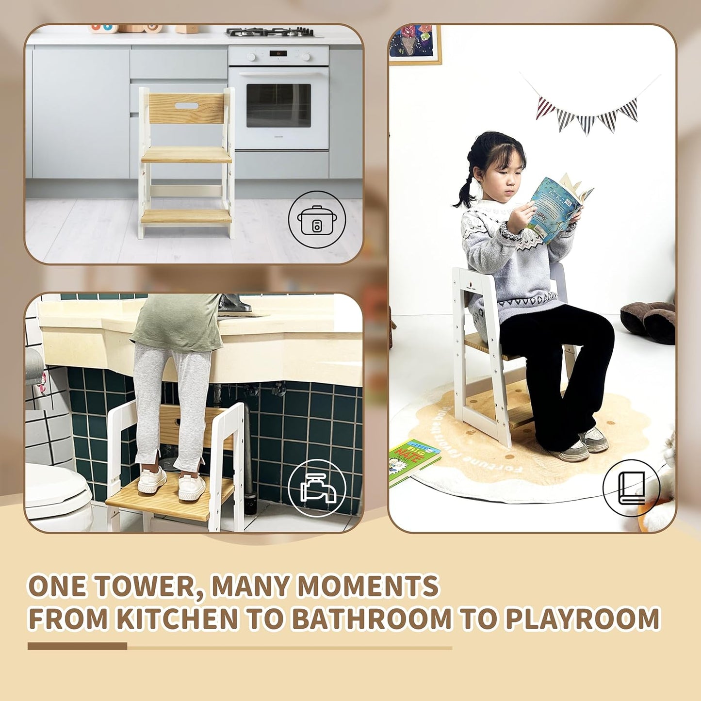 Damoch Family® Compact Toddler Chair & Wooden Step Stool with Adjustable Height – Montessori-Inspired Learning Helper for Kids’ Daily Routines in Kitchen & Bathroom