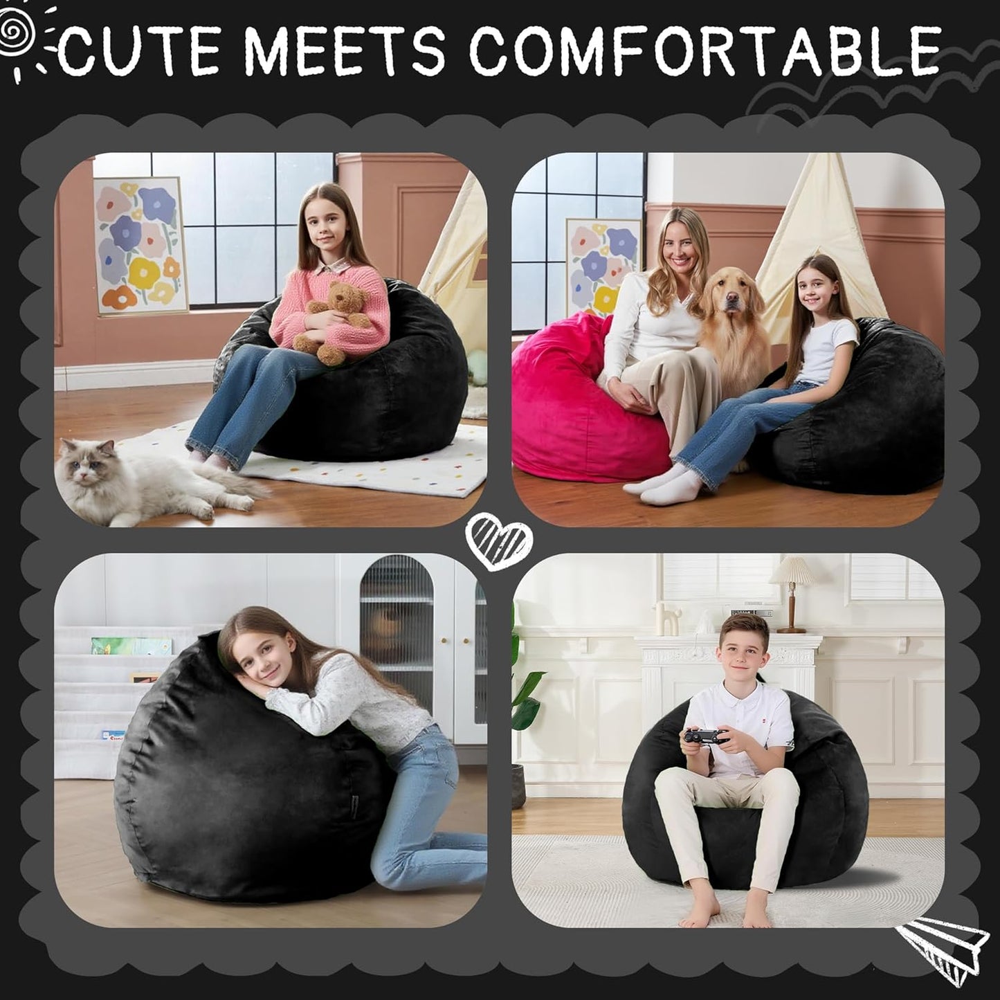 2FT Bean Bag Chair with Ultra Soft Velvet Cover Bean Bag Sofa with Memory Foam Bean Bag Chairs with Large Size Lazy Sofa for Dorm Office Living Room Bedroom Black 2'