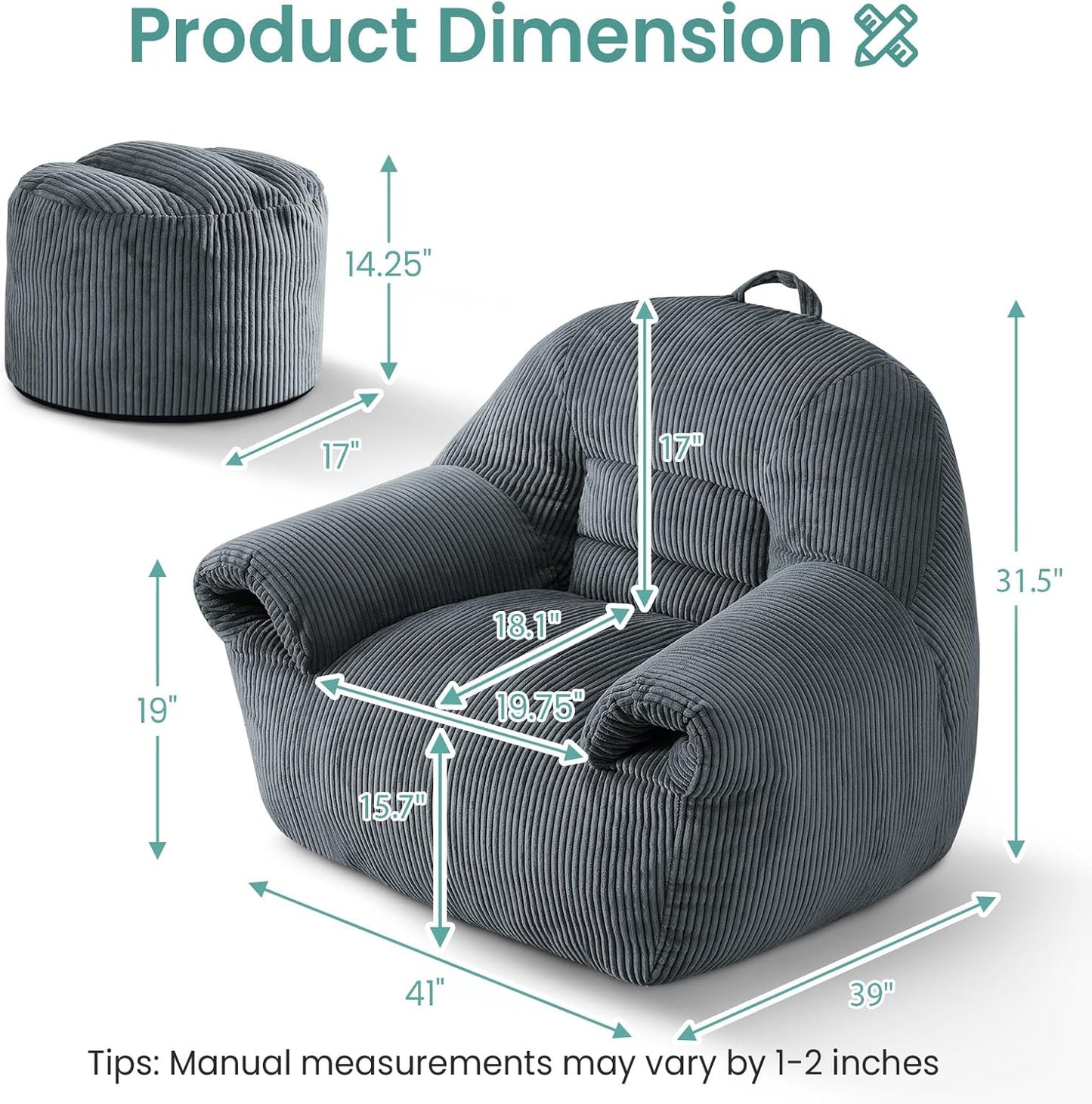 DAICO Bean Bag Chairs for Adults Beanbag Sofa with Ottoman Comfy Accent Chair with Armrests Corduroy Couch with Foam Single Lazy Sofas for Living Room Reading Bedroom Gaming Office Dark Gray