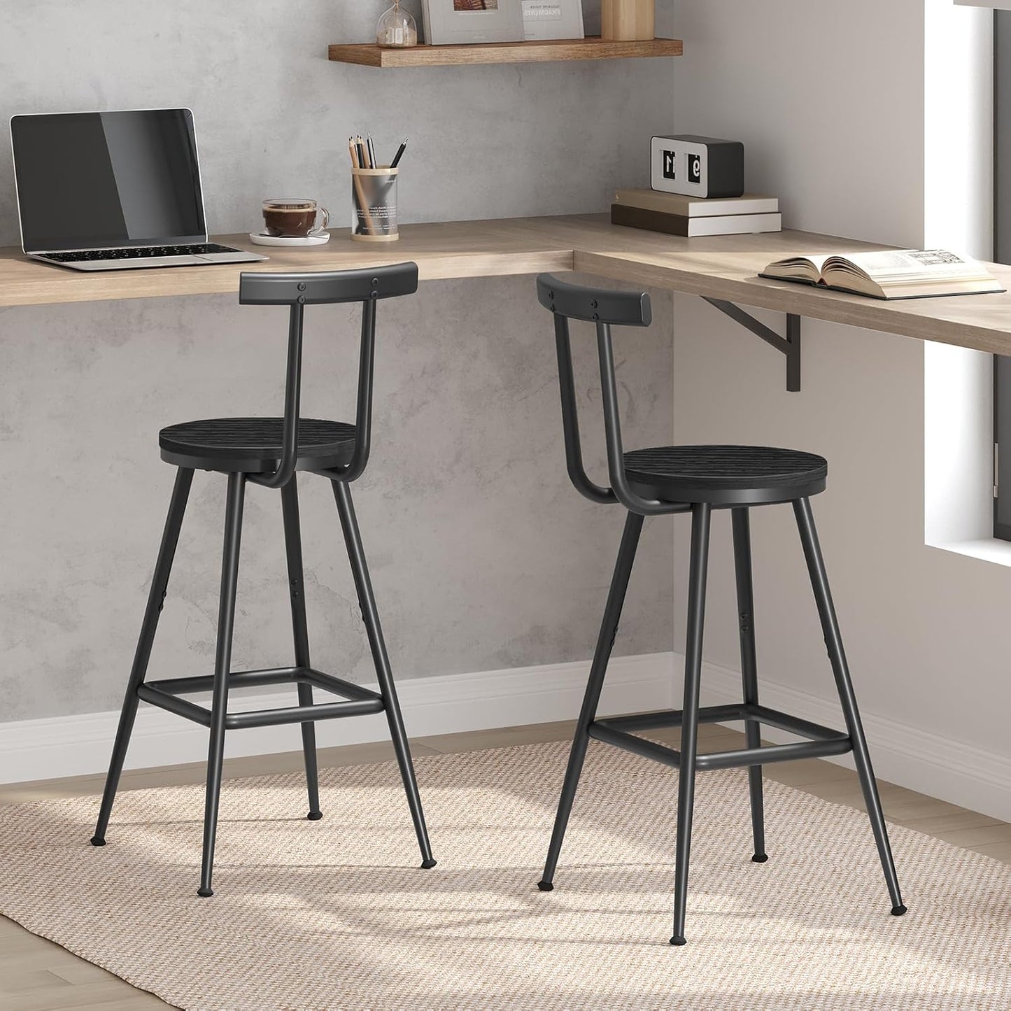 Bar Stools, Set of 2 Bar Chairs with Backrest and Footrest, 26" Tall Counter Stools, Metal Frame, Adjustable Feet, Easy Assembly, for Kitchen, Living Room, Pub, Black BAHB6001