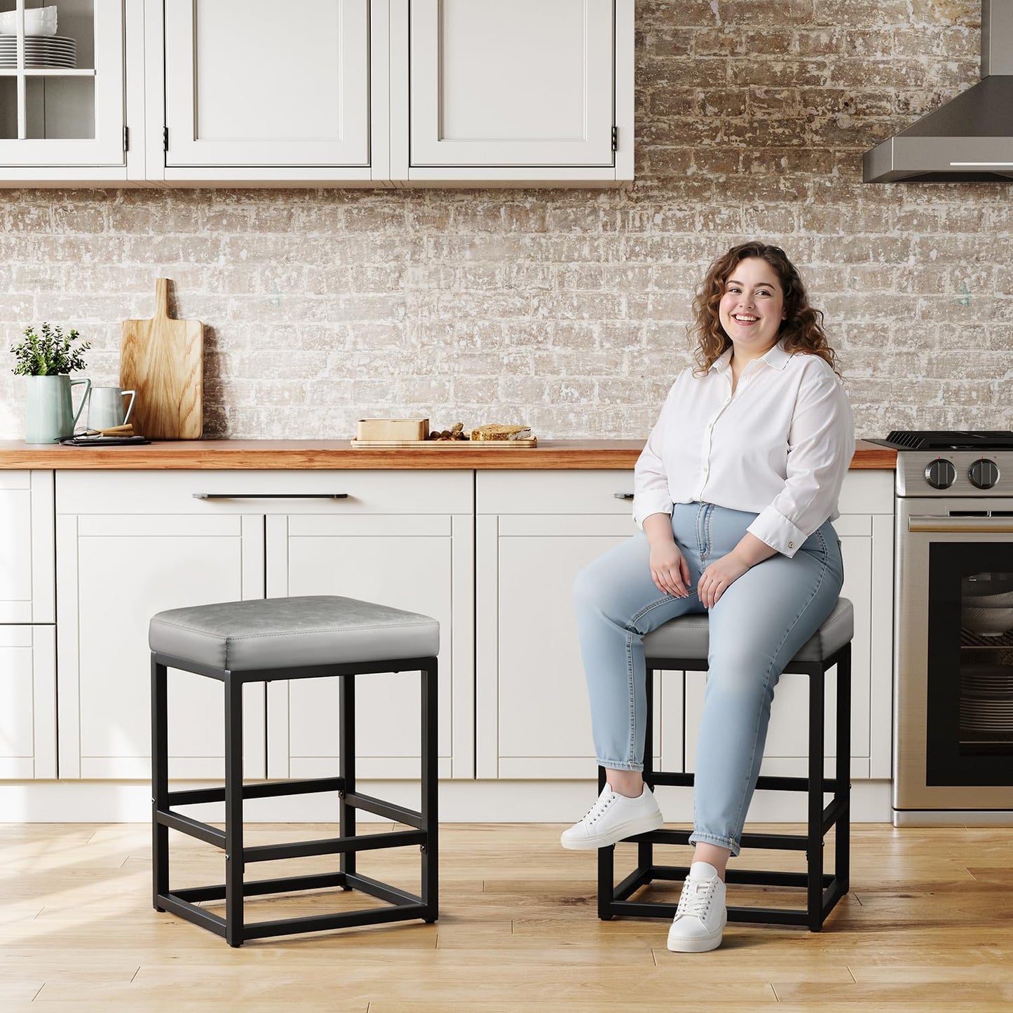 Counter Height Bar Stools Set of 3, 24" Barstools for Kitchen Countertop, Faux Leather Counter Stools with Thick Square Seats & Sturdy Metal Base, Simple Assembly, Gray