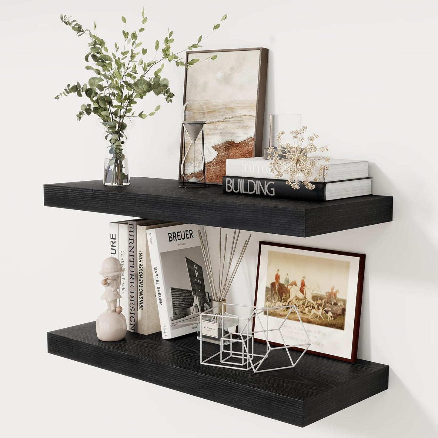 Fun Memories Black Floating Shelves 30" W x 12" D, 12 Inch Deep Floating Shelf for Books, Bathroom, Living Room, Rustic Wood Wall Shelves, 2 Inch Thicked Storage Shelf for Home Storage, Set of 2