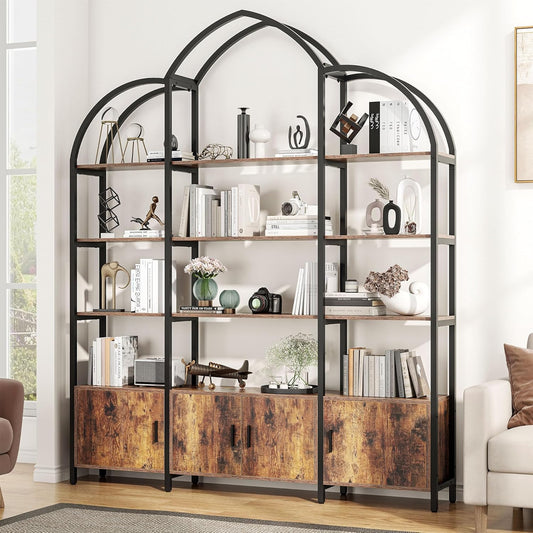 Triple Wide 5 Tier Tall Arched Bookshelf and Bookcase with 3 Cabinets, Industrial Metal Etagere Open Bookshelf, Rustic Wood Standing Book Shelf with Black Metal Frame for Bedroom Living Room