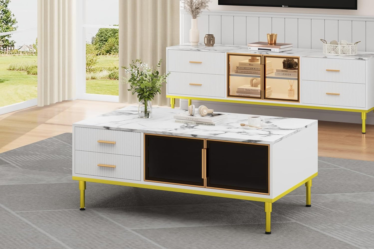 GAOMON Coffee Table for Living Room, Faux Marble Coffee Table with 4 Drawers and Glass Doors Storage, Modern Aesthetic Fluted Panel Design, White & Gold