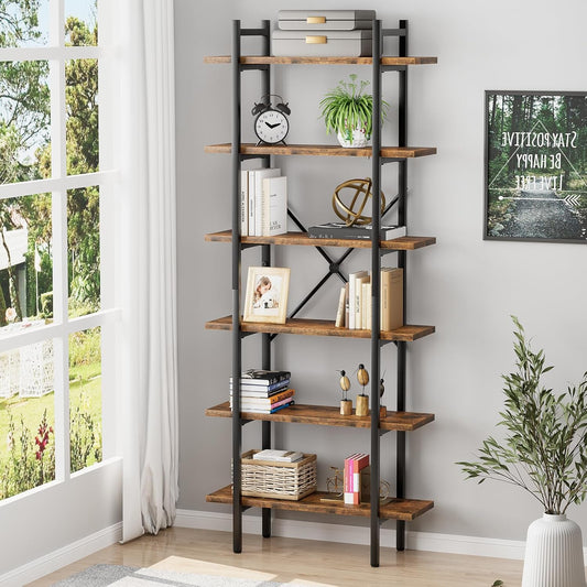 6 Tiers Bookshelf Organizer Industrial Shelf,Modern Open Display Storage Bookcase,Rustic Brown and Metal Bookshelf Standing Storage Shelf Tall Shelving Units for Home Office Study