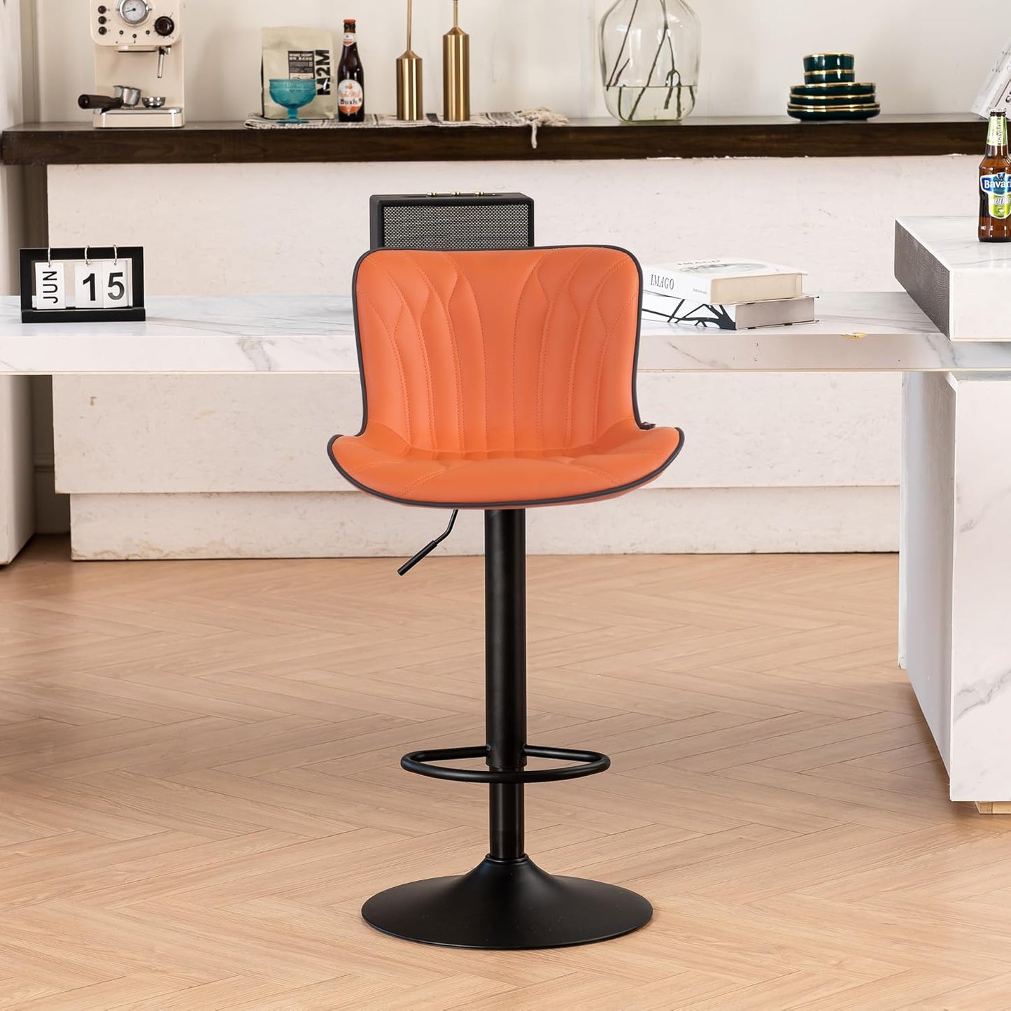 YOUNIKE Single Orange Bar Stools Modern Swivel Counter Height Bar Chair with Back Adjustable Kitchen Island Faux Leather Padded Barstools taburetes de bar Breakfast sillas para barra de cocina 1PCS