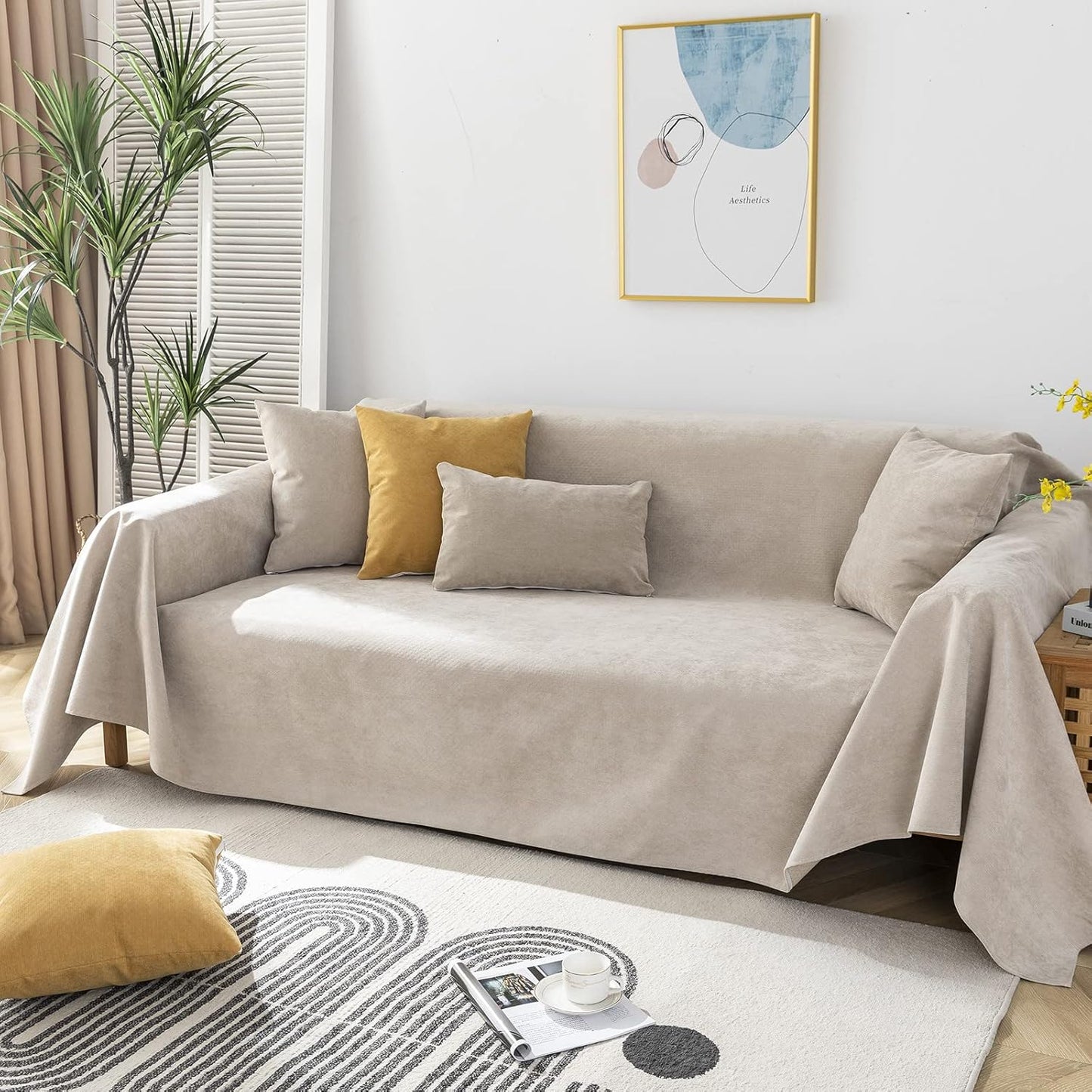 STACYPIK 100% Waterproof Beige Sofa Cover for Dogs, Anti-Cat Scratch Couch Covers for Pets, Non-Slip Couch Covers for 2 Cushion Couch, Washable Loveseat for Sectional, Furniture Protector-71X71IIN