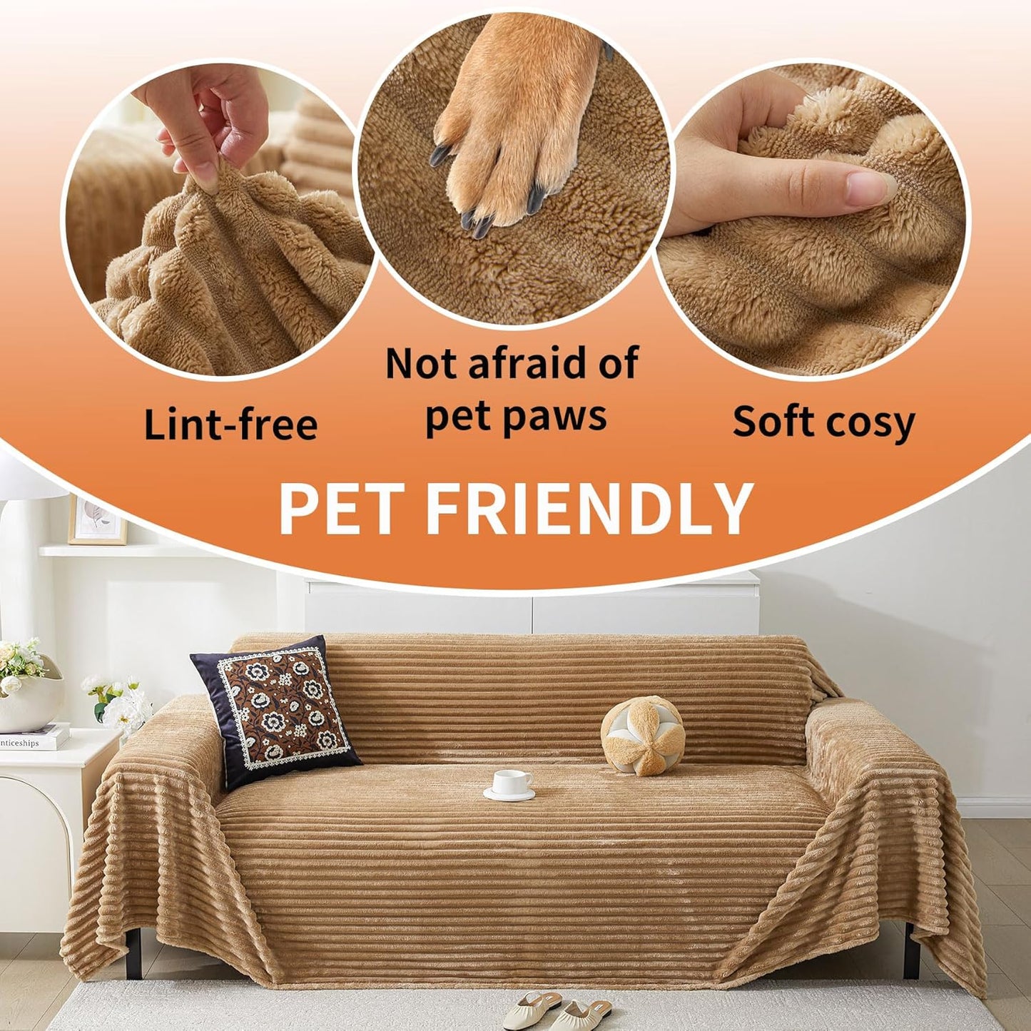 HAOMAIJIA Faux Fur Sofa Covers Couch Covers for 2 Cushion Couch Sofa Pet Friendly Soft Non Slip Couch Cover for Dogs Washable Sectional Couch Covers L Shape Furniture Protector (Khaki, 71"x102")