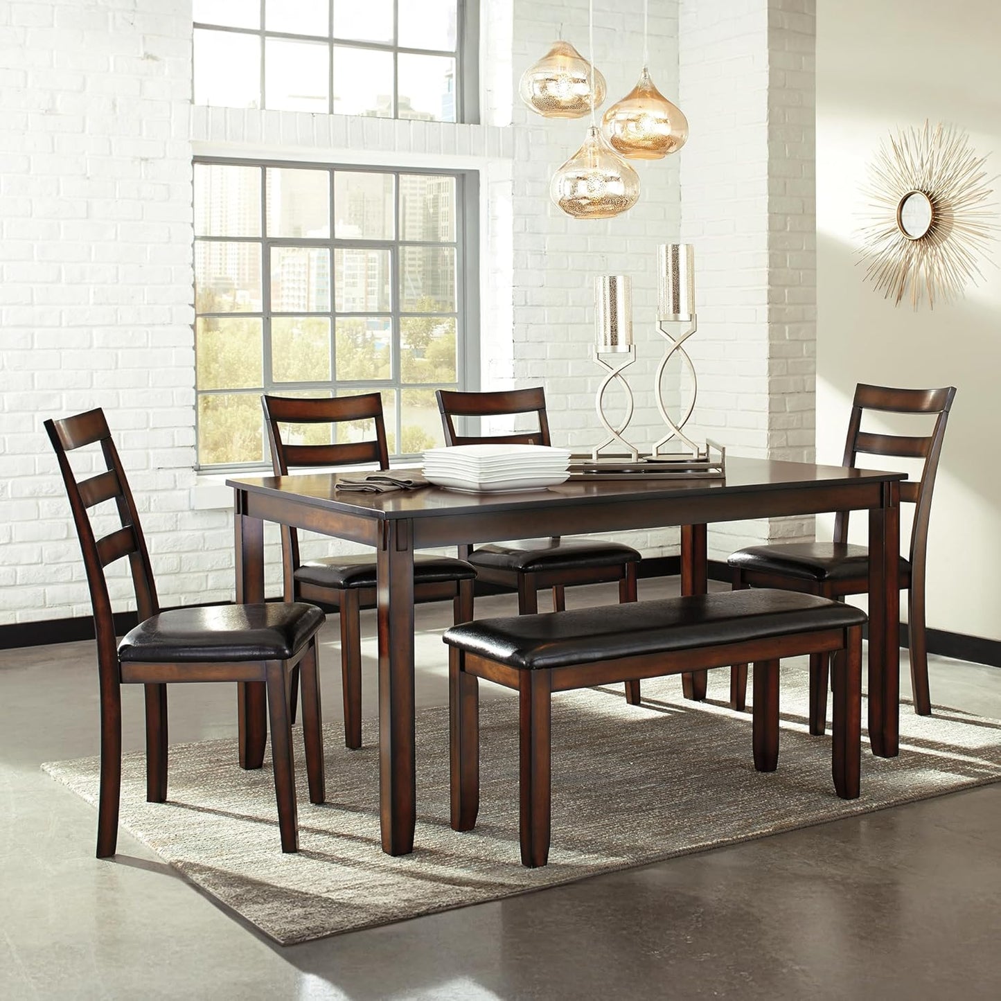 Signature Design by Ashley Coviar 6 Piece Dining Set, Includes Table, 4 Chairs & Bench, Dark Brown