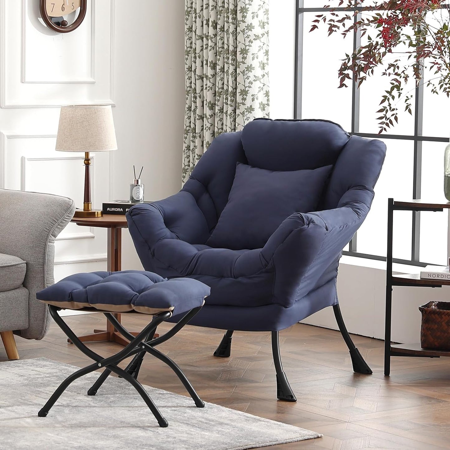 Large Lazy Chair with Ottoman, Accent Reading Chair with a Throw Pillow, Cozy Lounge Chair with Armrest, Leisure Sofa Chair for Living Room, Bedroom, Dorm, Peach Navy