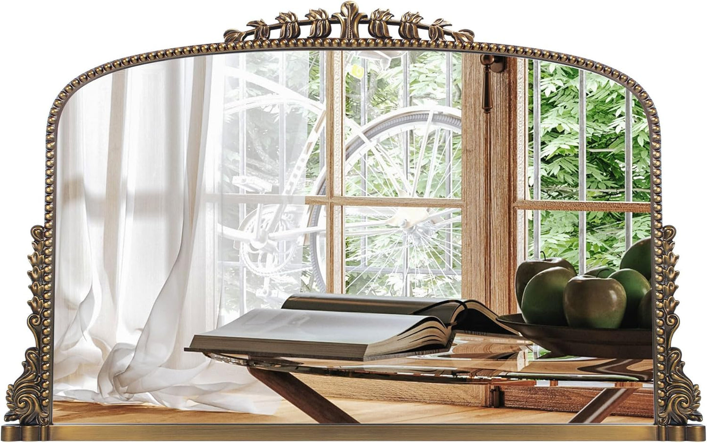 36"x23" Vintage Baroque Mirror - Ornate Antique Brass & Wood Frame, Handcrafted Arched Wall Mirror for Entryway, Living Room, Fireplace Mantel, Bathroom or Hallway Decor