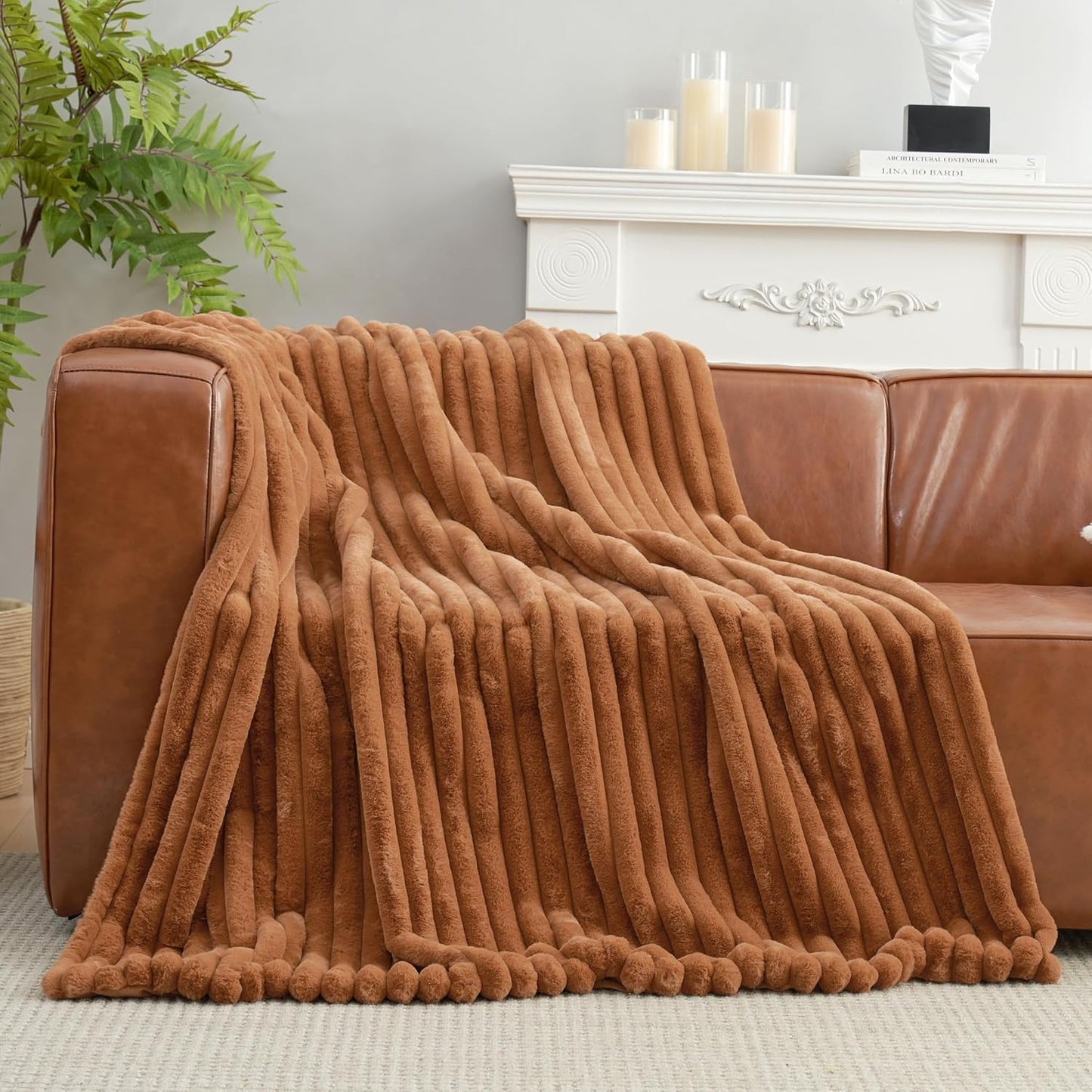 Amélie Home Faux Fur Throw Blanket for Couch, Cozy Fuzzy Fluffy Fur Luxurious Soft Striped Plush Gift Blankets for Family Sofa Chair Bed Living Room Bedroom, 55"x70", Brown