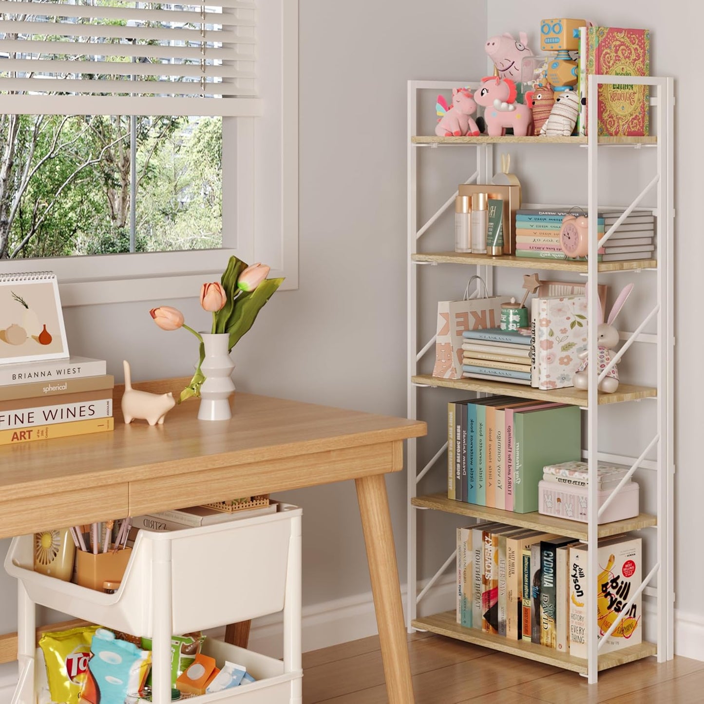 JSB No Assembly Folding Bookshelf, 5 Tier Industrial Metal Book Shelf for Storage, Vintage Wood Foldable Bookcase for Living Room, Bedroom, Office Organization Shelves