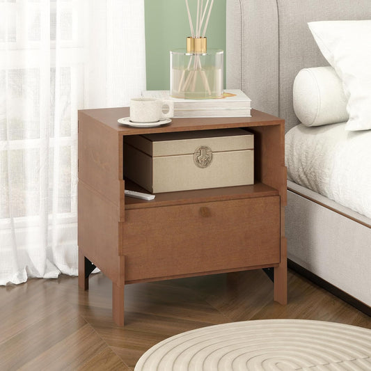 Sebastack Night Stand, Customizable 2 Drawers Bedside Table, End Table, Side Table for Bedroom, Dormitory, Mid-Century Style Wood Chest of Furnitures, Walnut Color