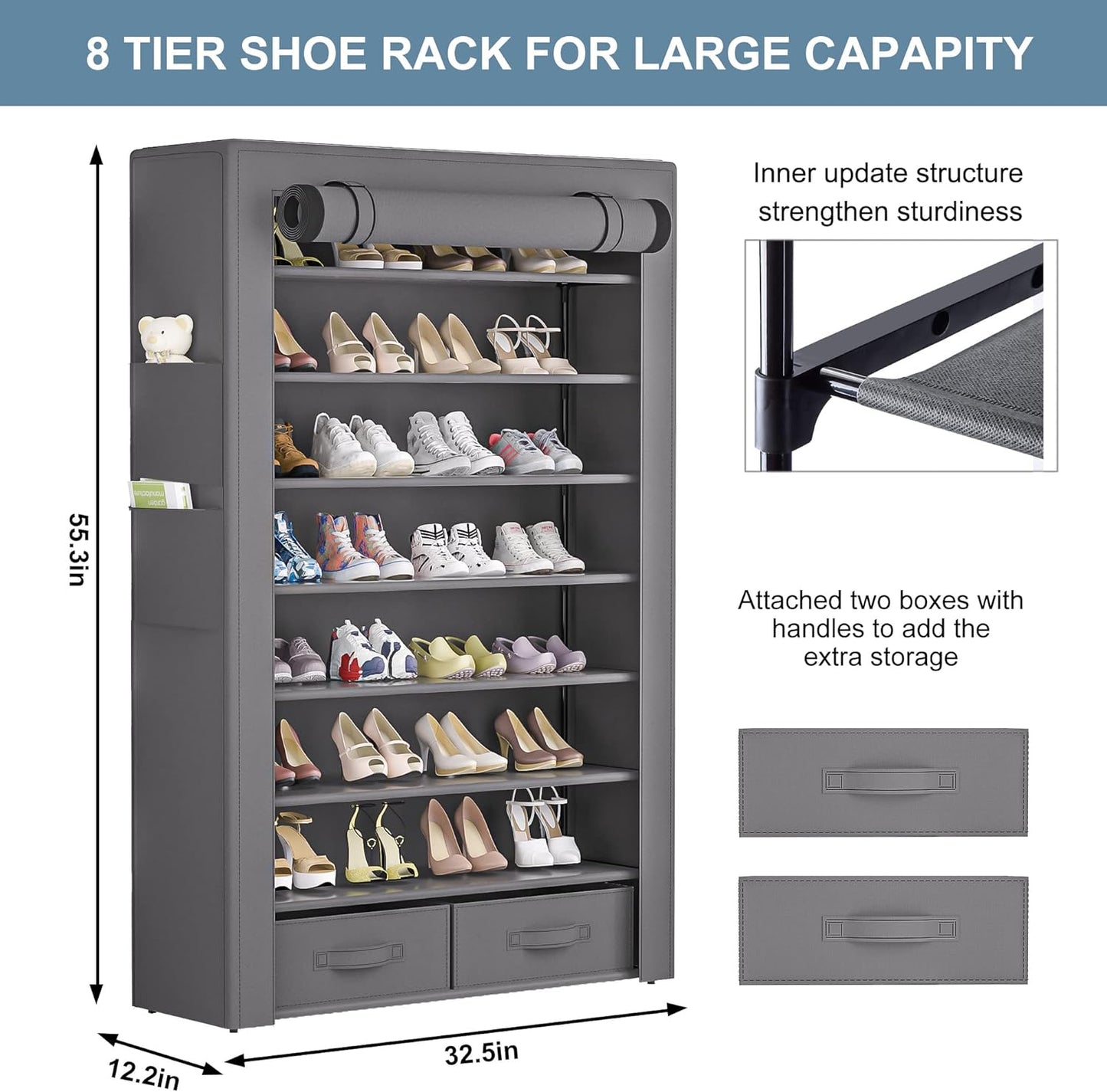 Shoe Rack Storage Cabinet 32 Pairs Organizer Shelf Tall for Shoes Large Free Standing Racks Vertical Shoe Holder Stand with Cover Two Boxes Closet