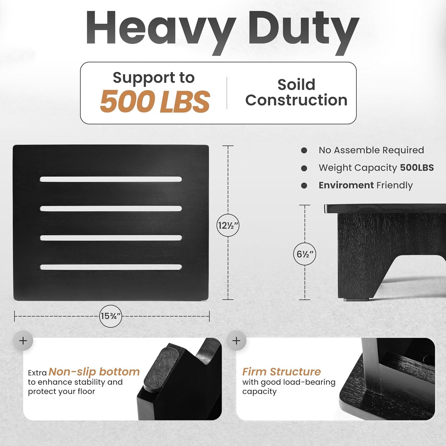 Holana 6.5" Wooden Step Stool for Adults (No Assemble Required)- 500 Lbs One Step Stools for High Bed Riser - Small Stepping Stool for Elderly, Seniors, Kid/Bathroom, Bed, Kitchen (Black)