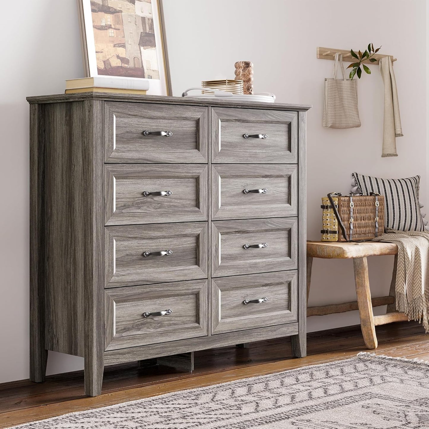 LINSY HOME 8 Drawers Dresser for Bedroom, 47" Wide Wooden Storage Chest with Antique Handles, Modern Farmhouse Dresser TV Stand with Wood Legs for Closet, Living Room, Hallway, Grey