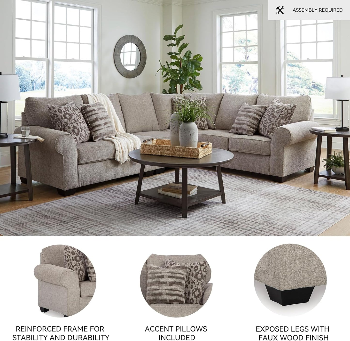 Signature Design by Ashley Claireah Casual L-Shaped 3-Piece Sectional with Loose Seat Cushions and 5 Accent Pillows, Beige