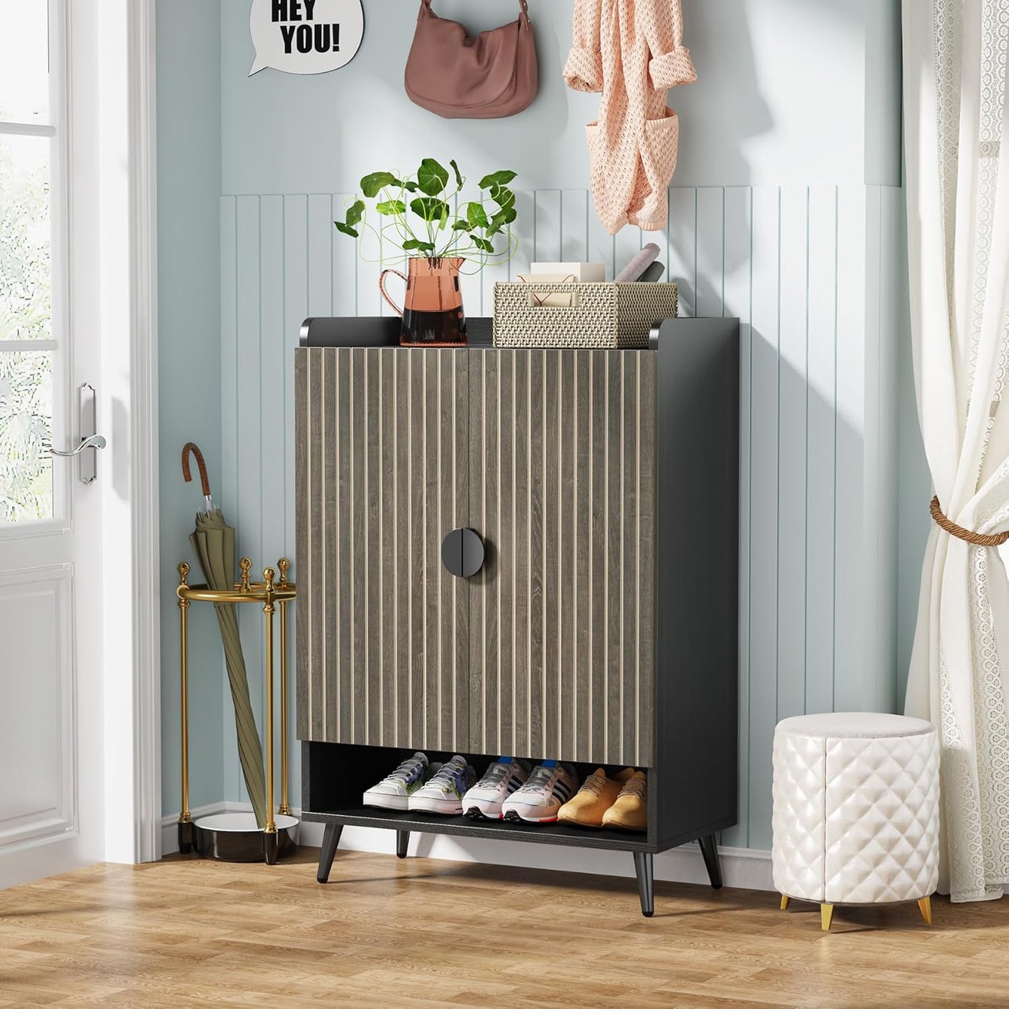 Tribesigns Shoe Cabinet with Doors, 7-Tier Shoe Storage Cabinet with Adjustable Shelves, Wooden Shoes Rack Shoe Storage Organizer for Entryway, Hallway, Closet, Living Room, Gray