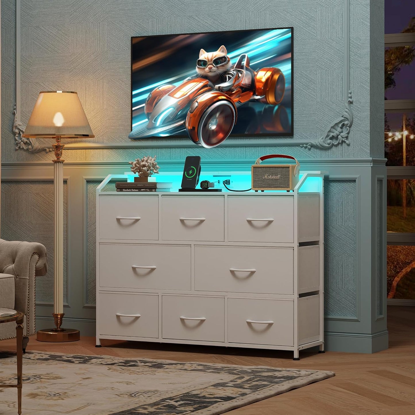 WLIVE Led Dresser for Bedroom, White Dresser TV Stand for Bedroom with LED Lights and Power Outlet, Wide Chest of Drawers for Hallway, 8 Fabric Drawers for Living Room and Entryway, Easy to Assemble