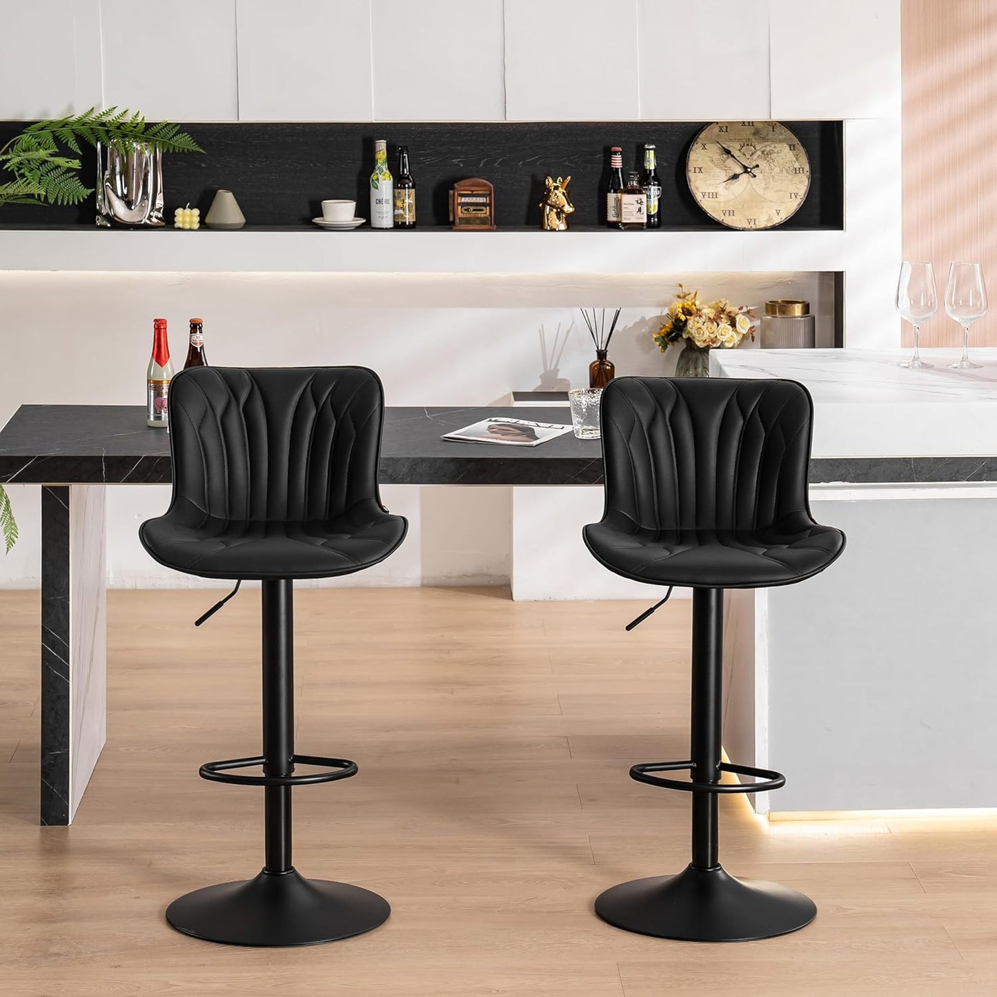 YOUNUOKE Bar Stools Set of 2 Black Barstools Adjustable Counter Height Stools 24 inch Swivel Modern Bar Stool with Back for Kitchen Island