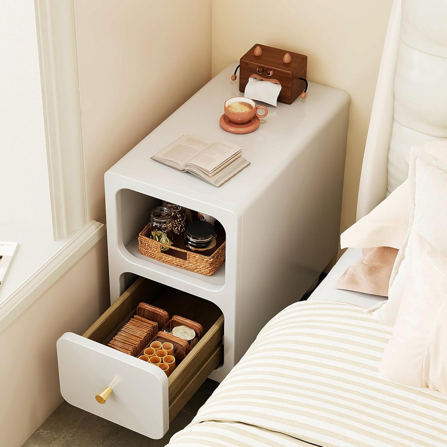 Solid Wood Night Stand, Narrow Nightstand with Drawers, White Mid Century Modern Nightstand, Small Beside Table with Open Storage Shelf for Bedroom (10 inch)