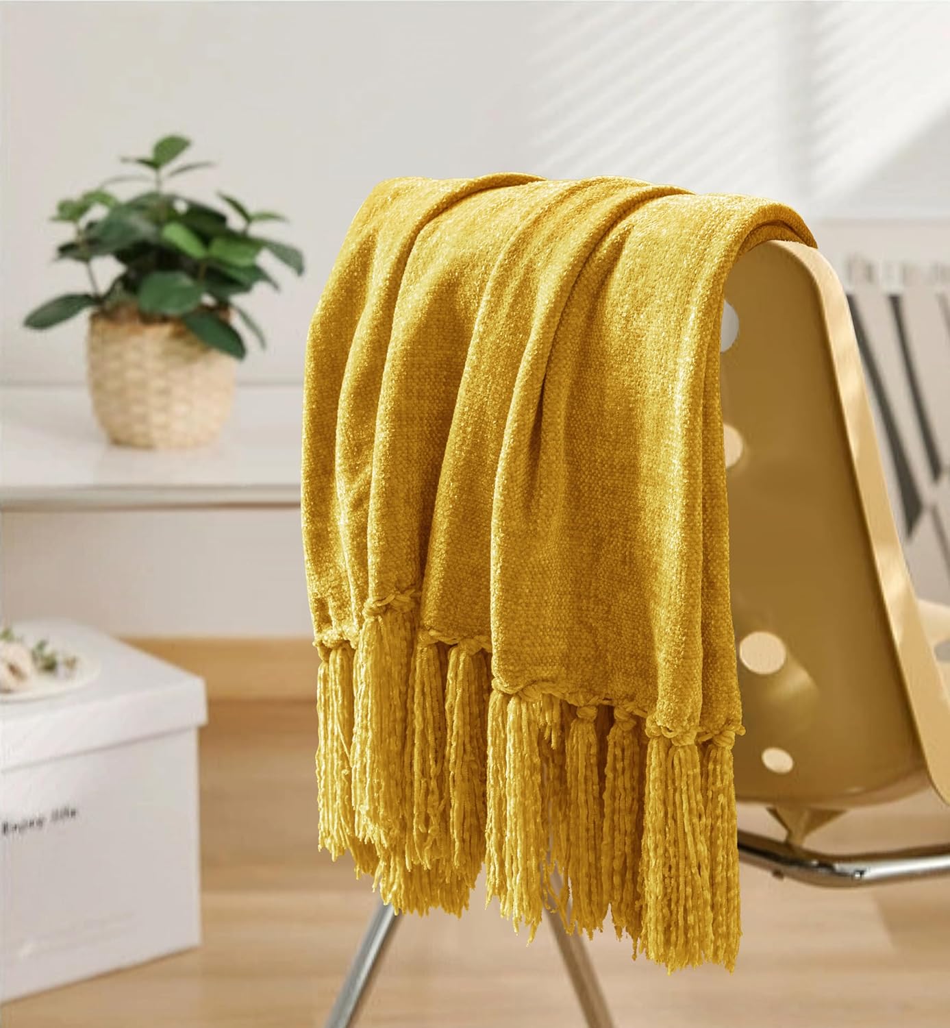 Chenille Throw Blanket for Couch 50"X 60", Soft Cozy Throws with Fringe Tassel for Bed Sofa Chair Cover, Lightweight Knitted Decorative Boho Blankets for Living Room, Yellow