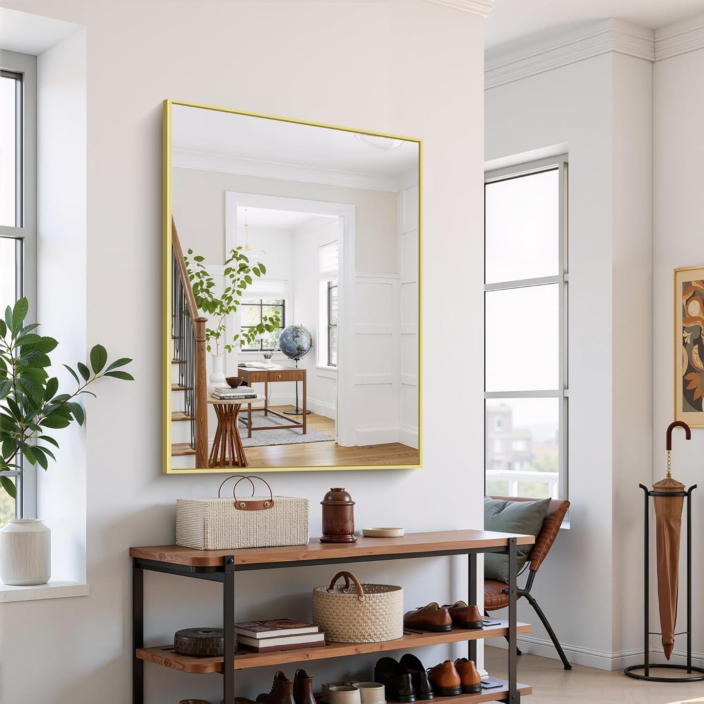 YIROMAN Bathroom Mirror 48"x36", Large Brushed Gold Bathroom Mirror for Over Sink with Aluminum Frame, Rectangular Vanity Mirror with Right Angle, Wall Mirror Hangs Horizontal or Vertical