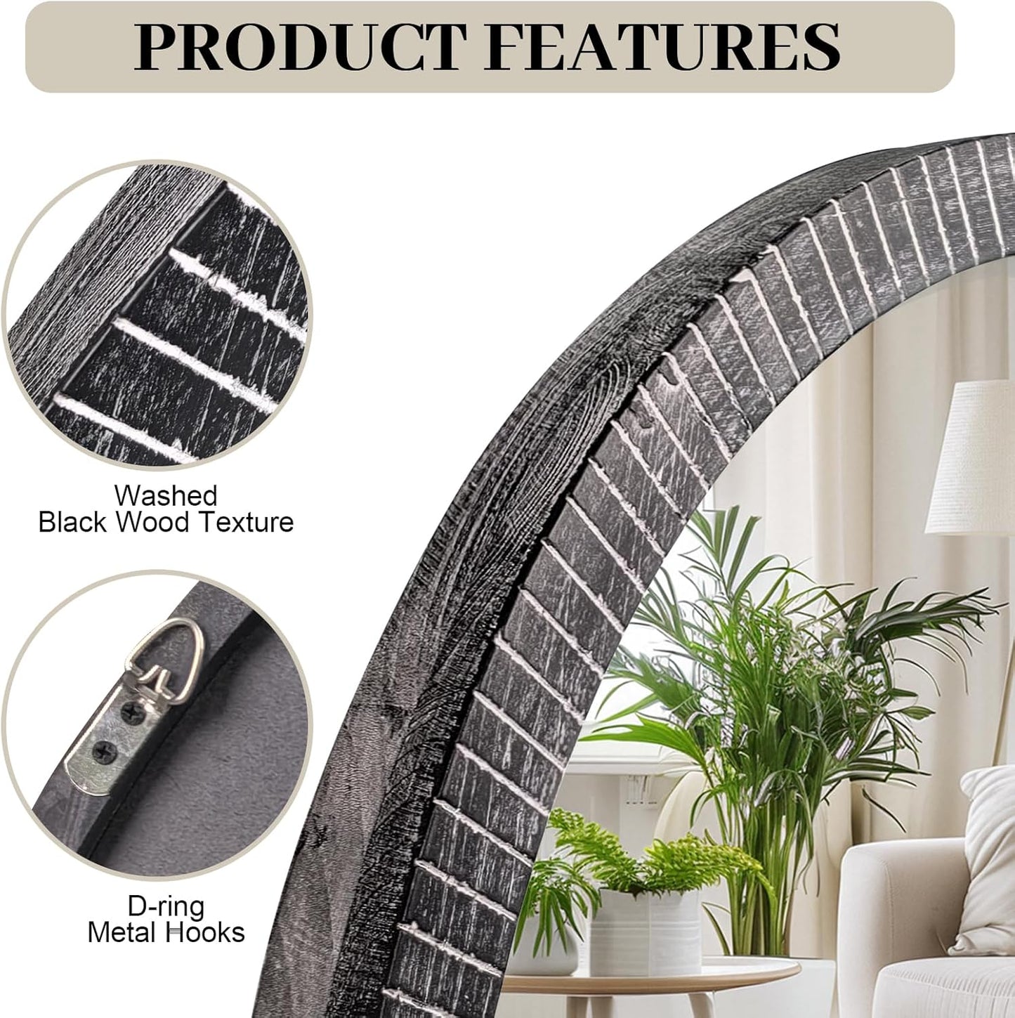 35" Round Wood Mirror, Rustic Circle Wall Mirror with Beveled, Wooden Round Mirror for Wall Decor, Decorative Wall-Mounted Mirror for Entryway, Living Room, Washed Black Frame