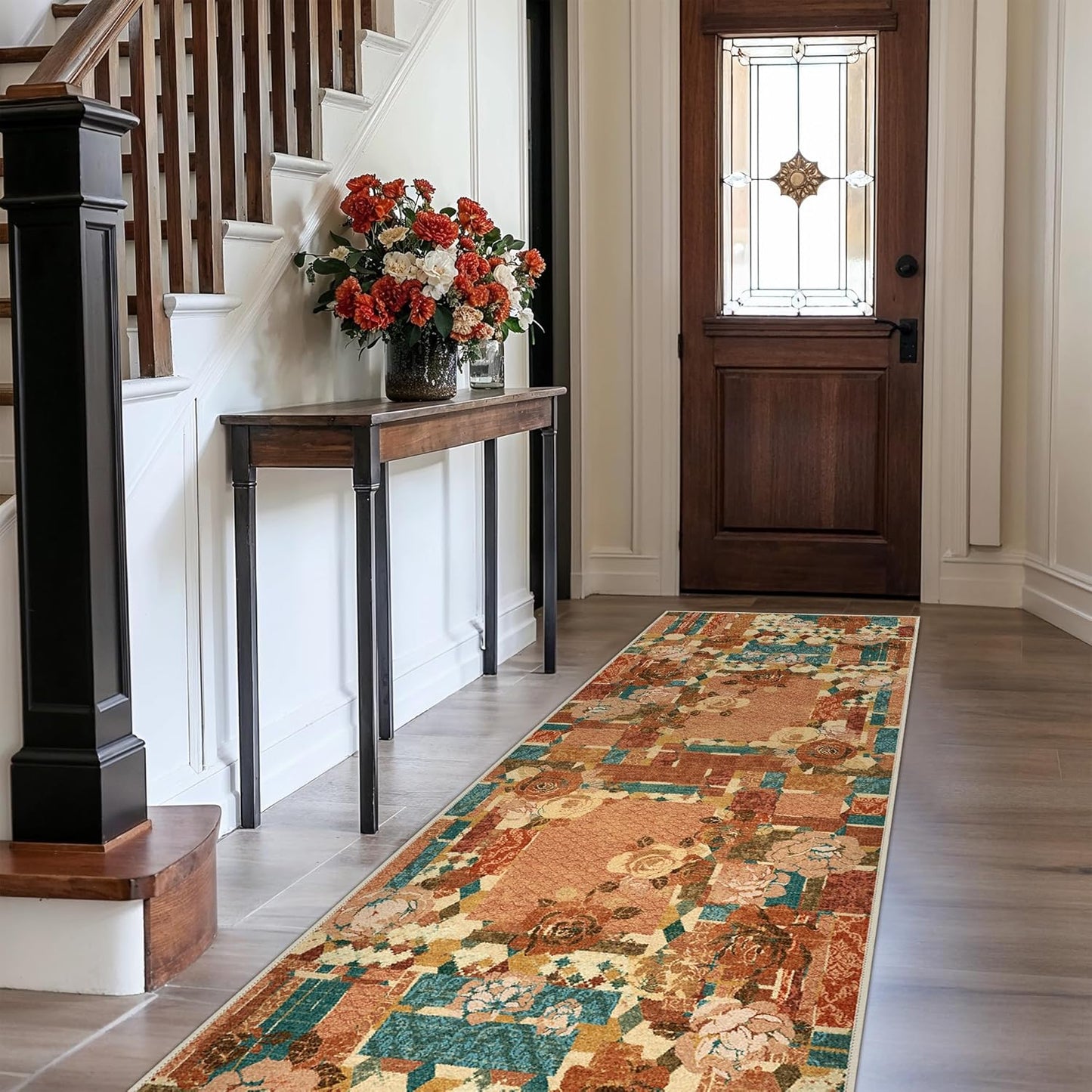 GENIMO Floral Runner Rug 2'6''x8, Machine Washable Non Slip Vintage Patchwork Hallway Runner, Ultra-Thin Low Pile Runners for Indoor Entryway, Hallway, Kitchen and Corridor,Rose Red