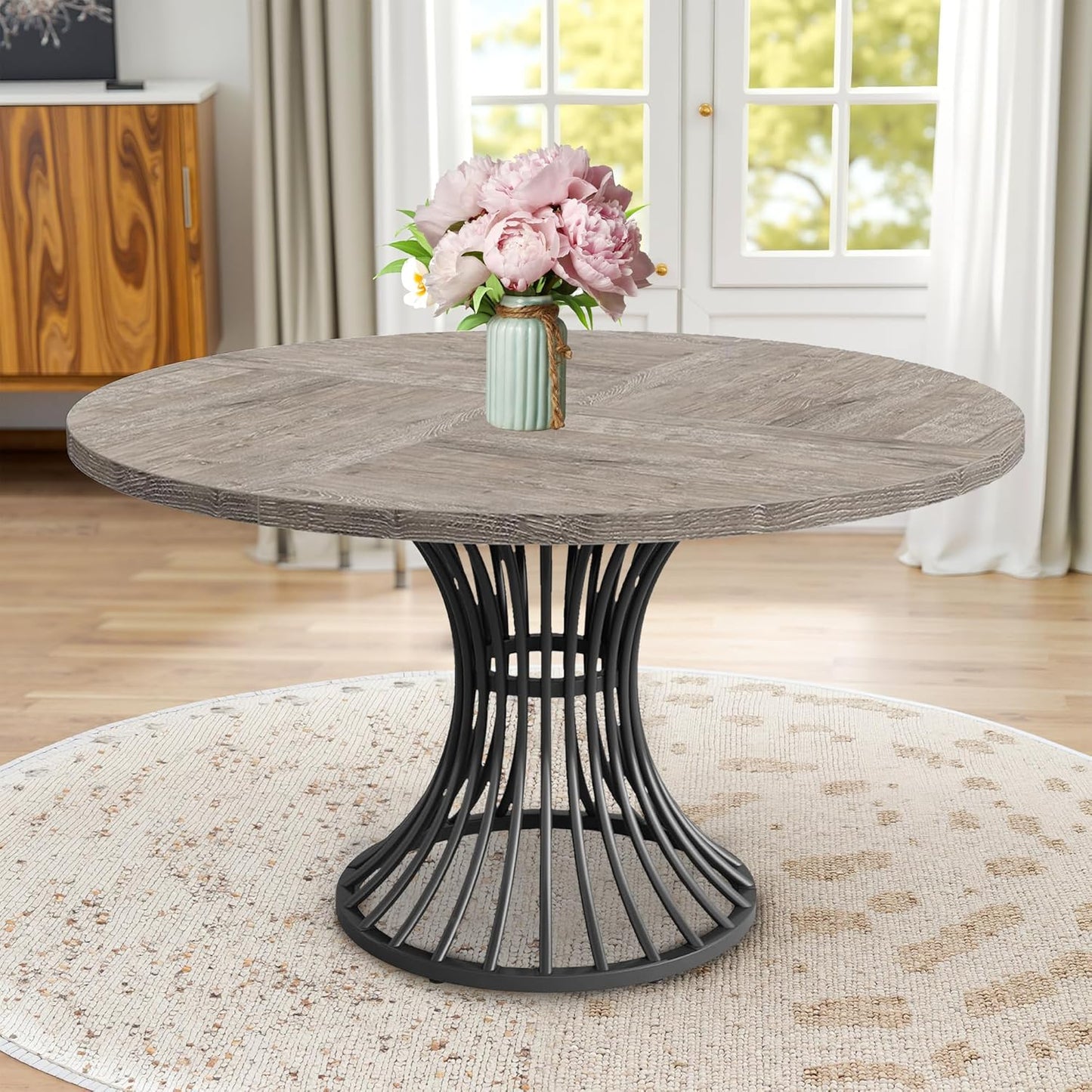Round Dining Table for 4, 47-Inch Farmhouse Dinner Table Wooden Circle Kitchen Tables with Metal Base for Dining Room, Kitchen, Living Room, Grey and Black