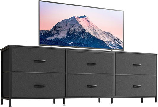 Huuger 63 Inch Long Dresser for Bedroom, Wide TV Stand for 55, 65, 70 Inch TV, 6 Drawer Dresser for Closet with Fabric Drawers, Storage Organizer for Bedroom, Entryway, Black