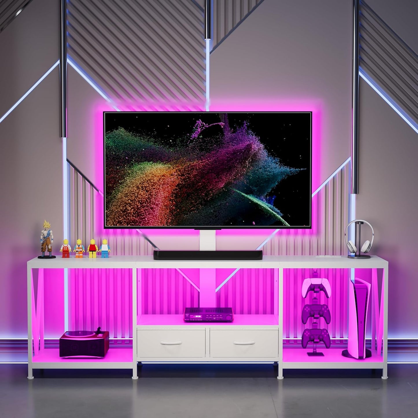 63" W TV Stand with Mount for 55,65,75" TV,Entertainment Center with Power Outlet and Led Lights,Height Adjustable TV Console Table with Open Storage Shelves and Fabric Drawers (White, 63" W)