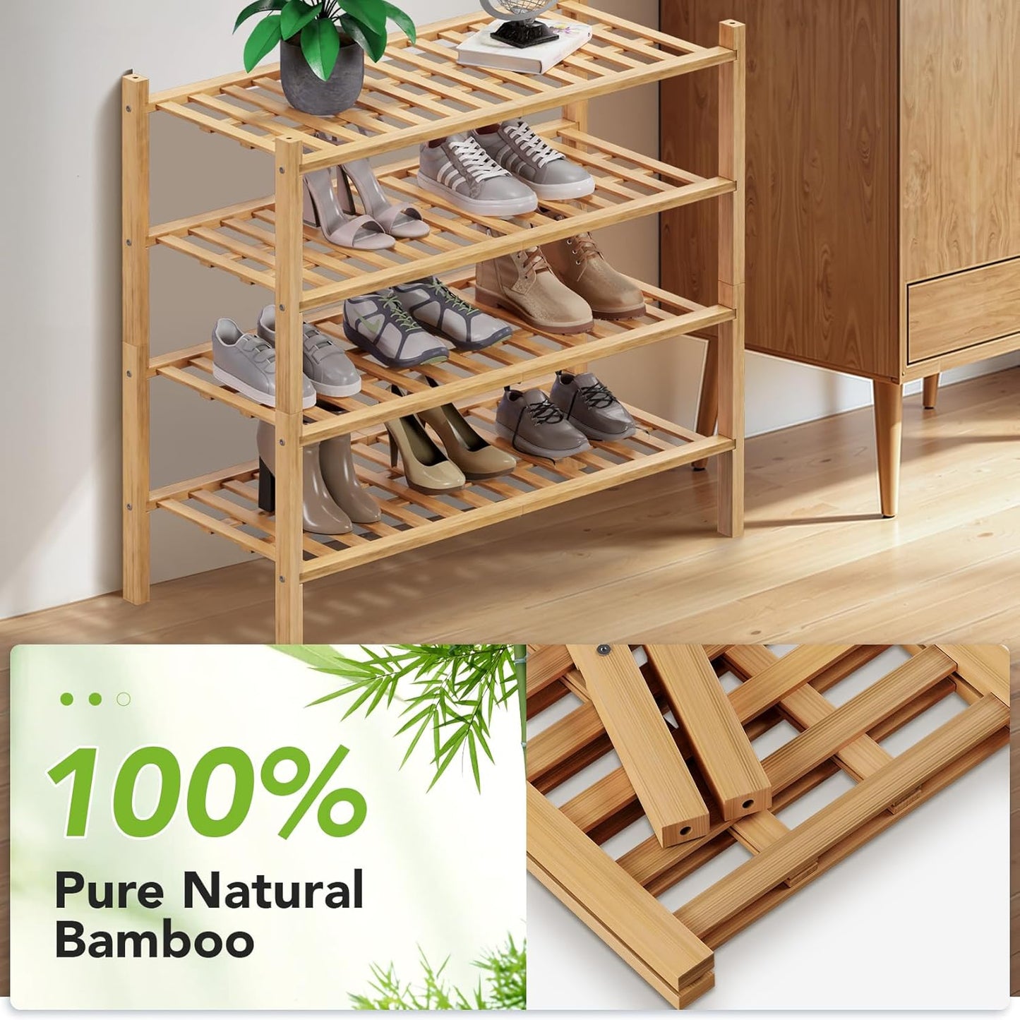 Haddockway 4 Tier Bamboo Shoe Rack Storage Organizer, Multifunctional Free Standing Stackable Shoe Shelf with Grid Panel for Closet,Hallway,Entryway,Small Space 27"x11"x26" (Natural, 4 Tier)
