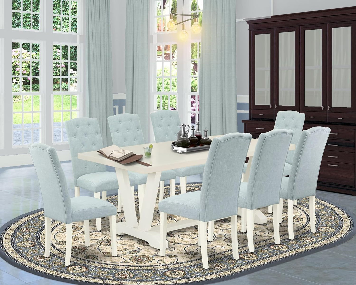 East West Furniture V027CE215-9 9 Piece Dining Table Set Includes a Rectangle Dining Room Table with V-Legs and 8 Baby Blue Linen Fabric Upholstered Chairs, 40x72 Inch, Multi-Color