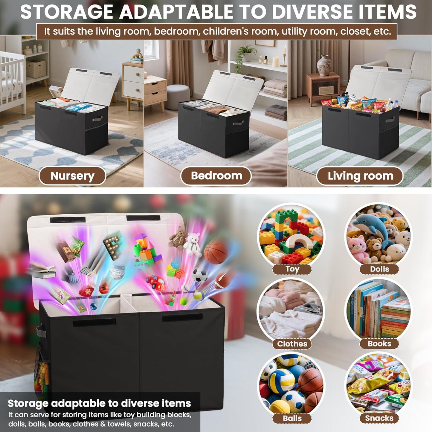 80L Large Toy Storage Box with Lid, Large Toy Box Chest for Kids, Girls and Boys, Nursery Room and Living Room, 26"x13" x16" - Black